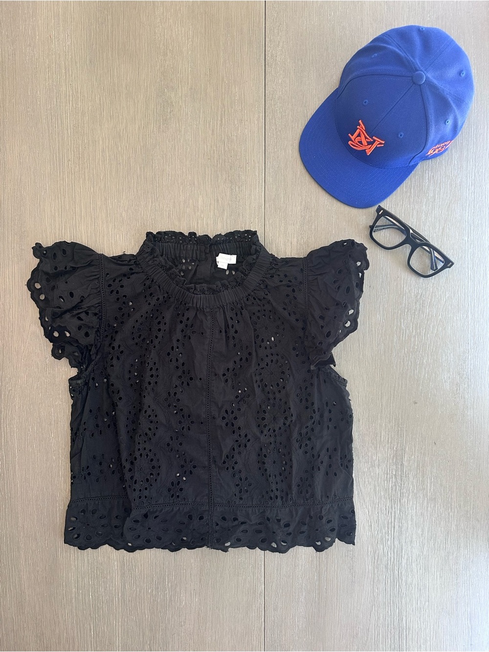 Black Eyelet Ruffle Sleeve Blouse